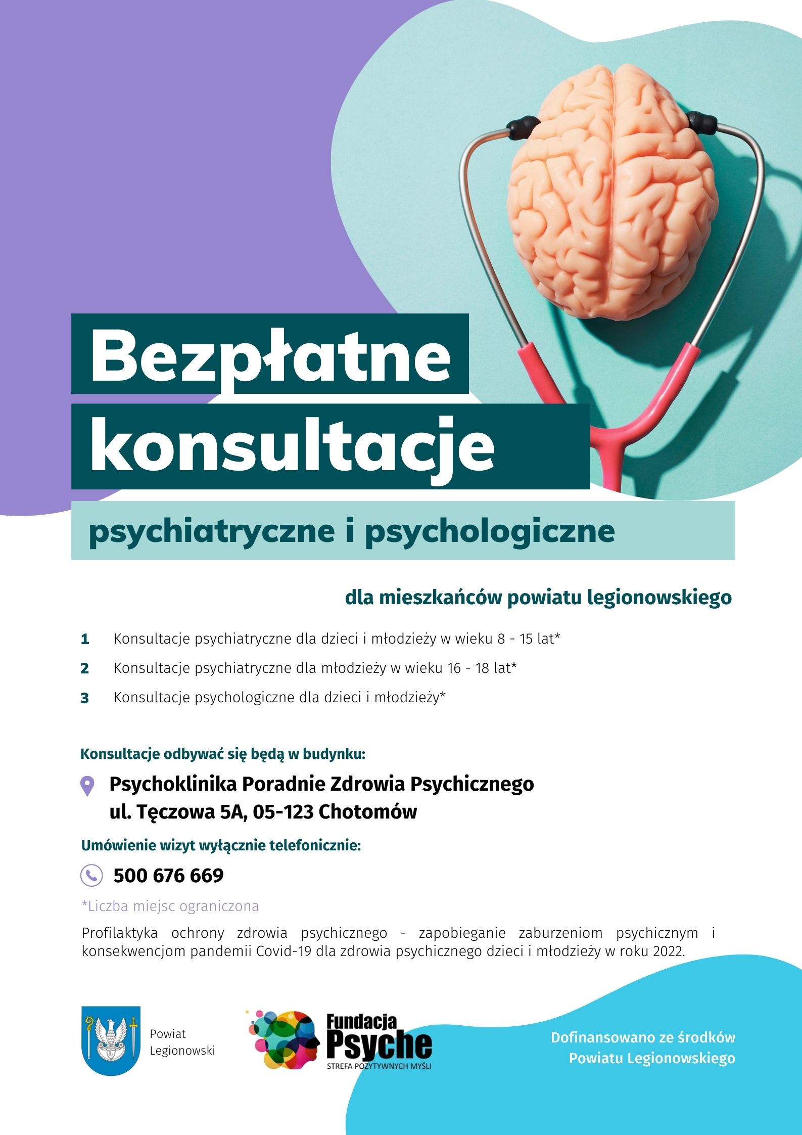 Plakat informacyjny: &ldquo;Grupa wsparcia dla pedagog&oacute;w i psycholog&oacute;w szkolnych&rdquo; oraz &bdquo;Konsultacje psychiatryczne i psychologiczne dla dzieci i młodzieży&rdquo; organizator Zarząd Powiatu w Legionowie