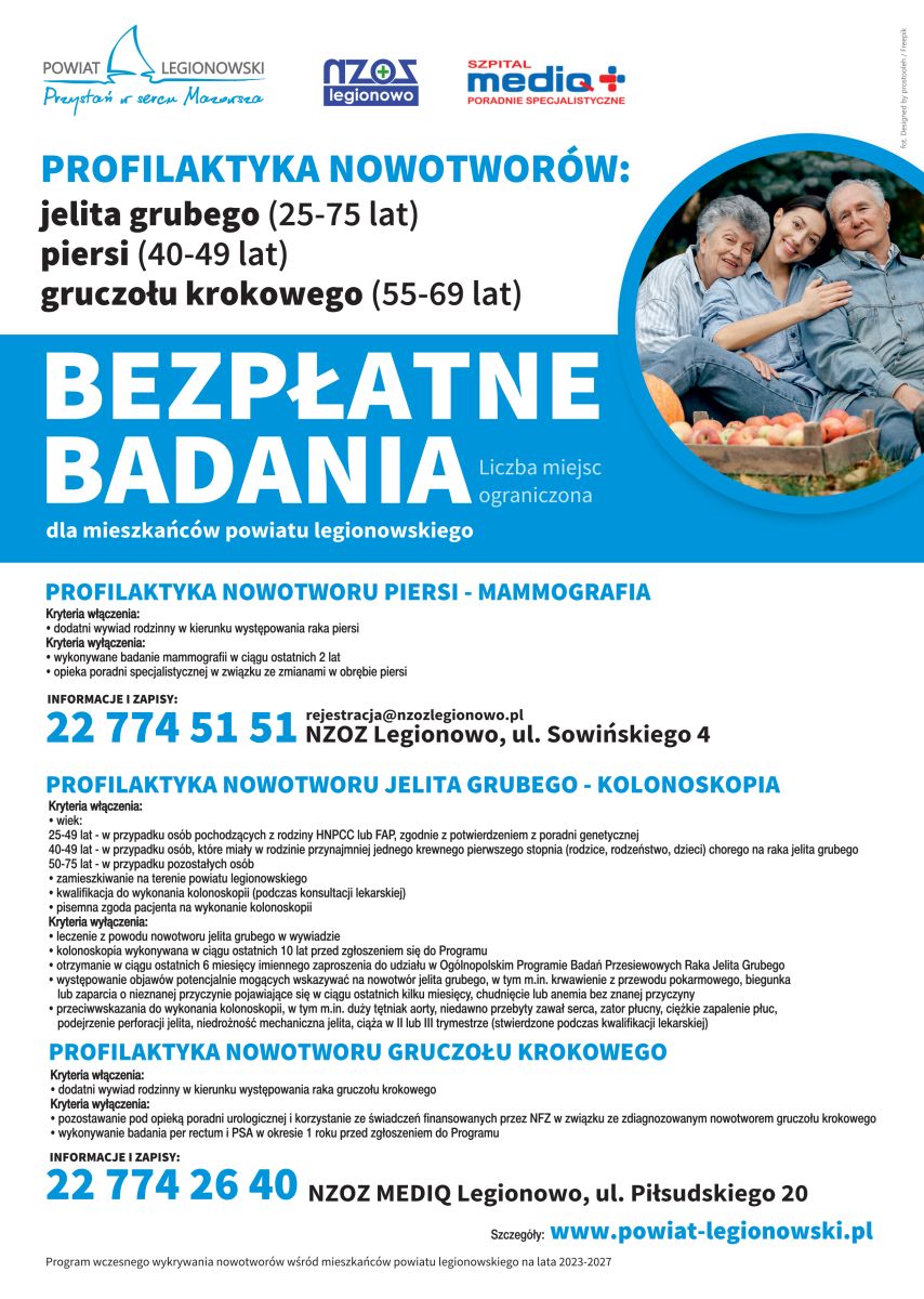 Plakat bezpłatne badania - profilaktyka niekt&oacute;rych typ&oacute;w nowotwor&oacute;w