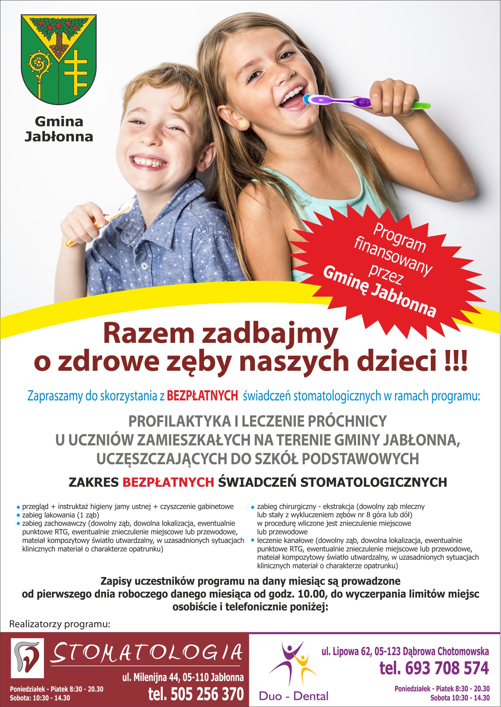 plakat informujący o programie profilaktyki i leczenia pr&oacute;chnicy u uczni&oacute;w zamieszkałych na terenie Gminy Jabłonna, uczęszczających do szk&oacute;ł podstawowych